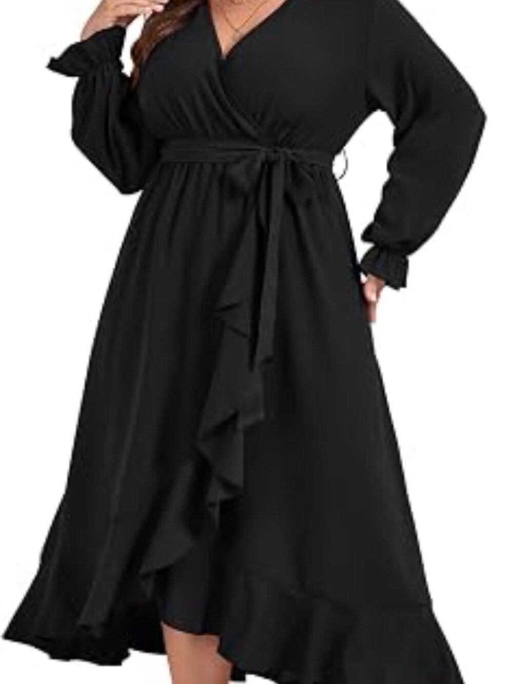 Women Black Plus Size Long Sleeve Faux Wrap VNeck High Low Ruffle Maxi Dress-2XL